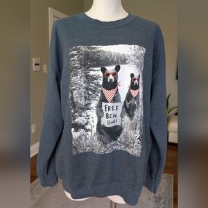 Riot Society Women's Free Bear Hugs Graphic Sweatshirt Blue Crewneck Size L